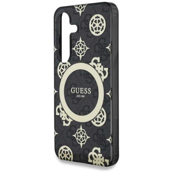 Guess 4G Background Gold Electroplated Peony Pattern MagSafe case for Samsung Galaxy S25 blackeng