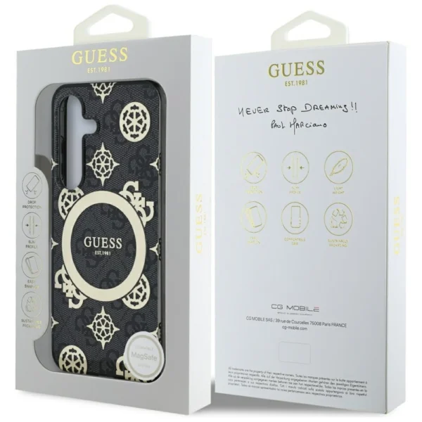 Guess 4G Background Gold Electroplated Peony Pattern MagSafe case for Samsung Galaxy S25 blackeng