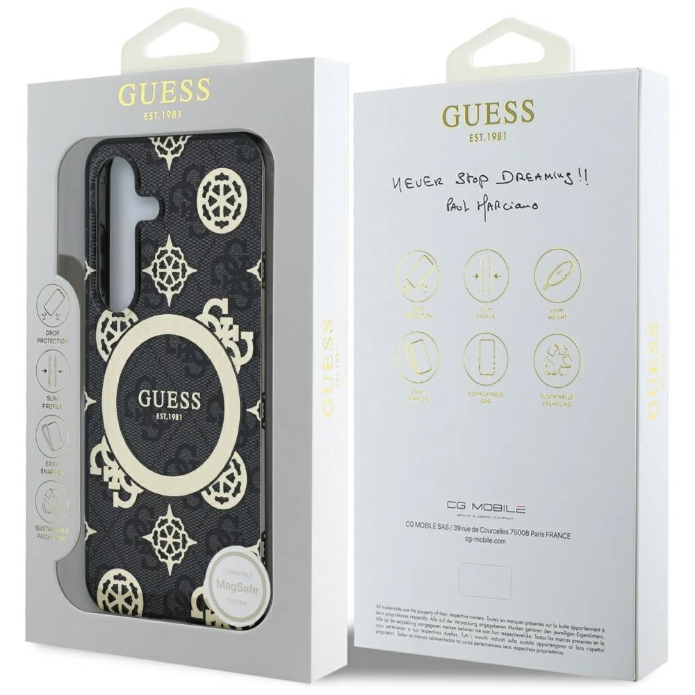 Guess 4G Background Gold Electroplated Peony Pattern MagSafe case for Samsung Galaxy S25 blackeng
