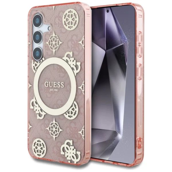 Guess 4G Background Gold Electroplated Peony Pattern MagSafe case for Samsung Galaxy S25 pinkeng