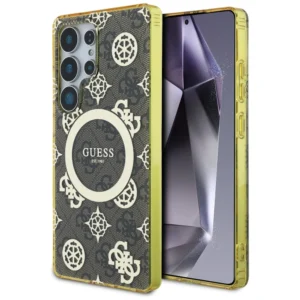 Guess 4G Background Gold Electroplated Peony Pattern MagSafe Case for Samsung Galaxy S25 Ultra Browneng
