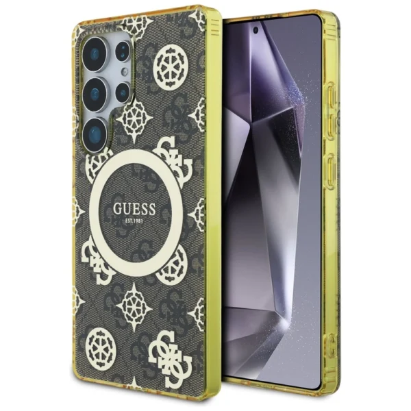 Guess 4G Background Gold Electroplated Peony Pattern MagSafe Case for Samsung Galaxy S25 Ultra Browneng