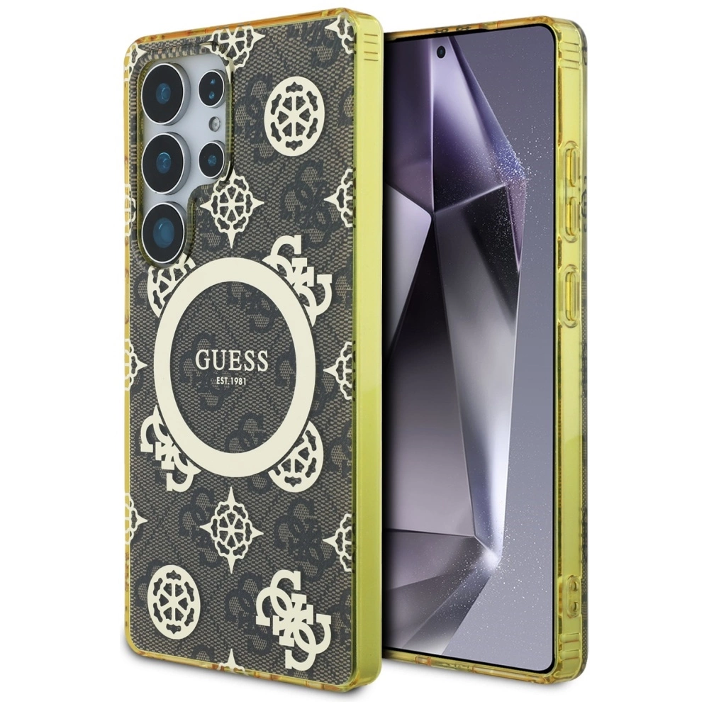 Guess 4G Background Gold Electroplated Peony Pattern MagSafe Case for Samsung Galaxy S25 Ultra Browneng