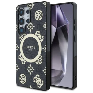 Guess 4G Background Gold Electroplated Peony Pattern MagSafe Case for Samsung Galaxy S25 Ultra Blackeng