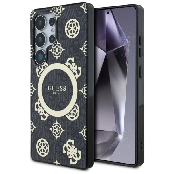 Guess 4G Background Gold Electroplated Peony Pattern MagSafe Case for Samsung Galaxy S25 Ultra Blackeng