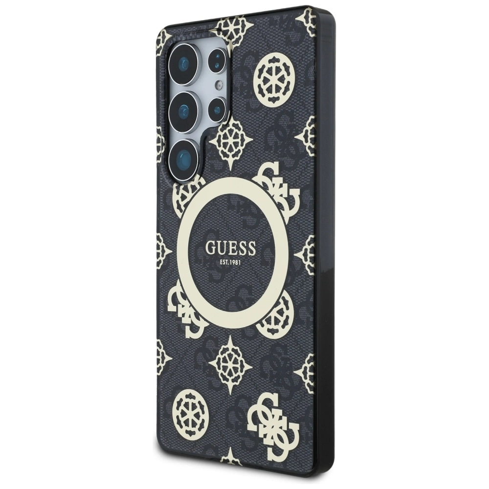 Guess 4G Background Gold Electroplated Peony Pattern MagSafe Case for Samsung Galaxy S25 Ultra Blackeng