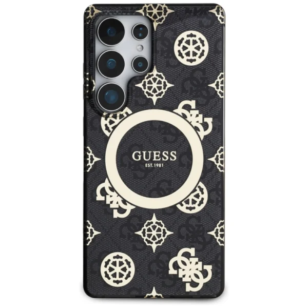 Guess 4G Background Gold Electroplated Peony Pattern MagSafe Case for Samsung Galaxy S25 Ultra Blackeng
