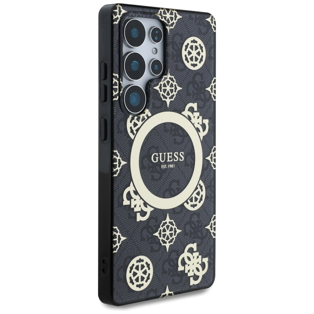 Guess 4G Background Gold Electroplated Peony Pattern MagSafe Case for Samsung Galaxy S25 Ultra Blackeng
