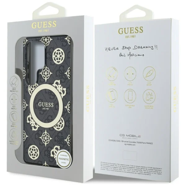 Guess 4G Background Gold Electroplated Peony Pattern MagSafe Case for Samsung Galaxy S25 Ultra Blackeng