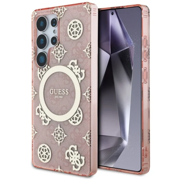 Guess 4G Background Gold Electroplated Peony Pattern MagSafe Case for Samsung Galaxy S25 Ultra Pinkeng