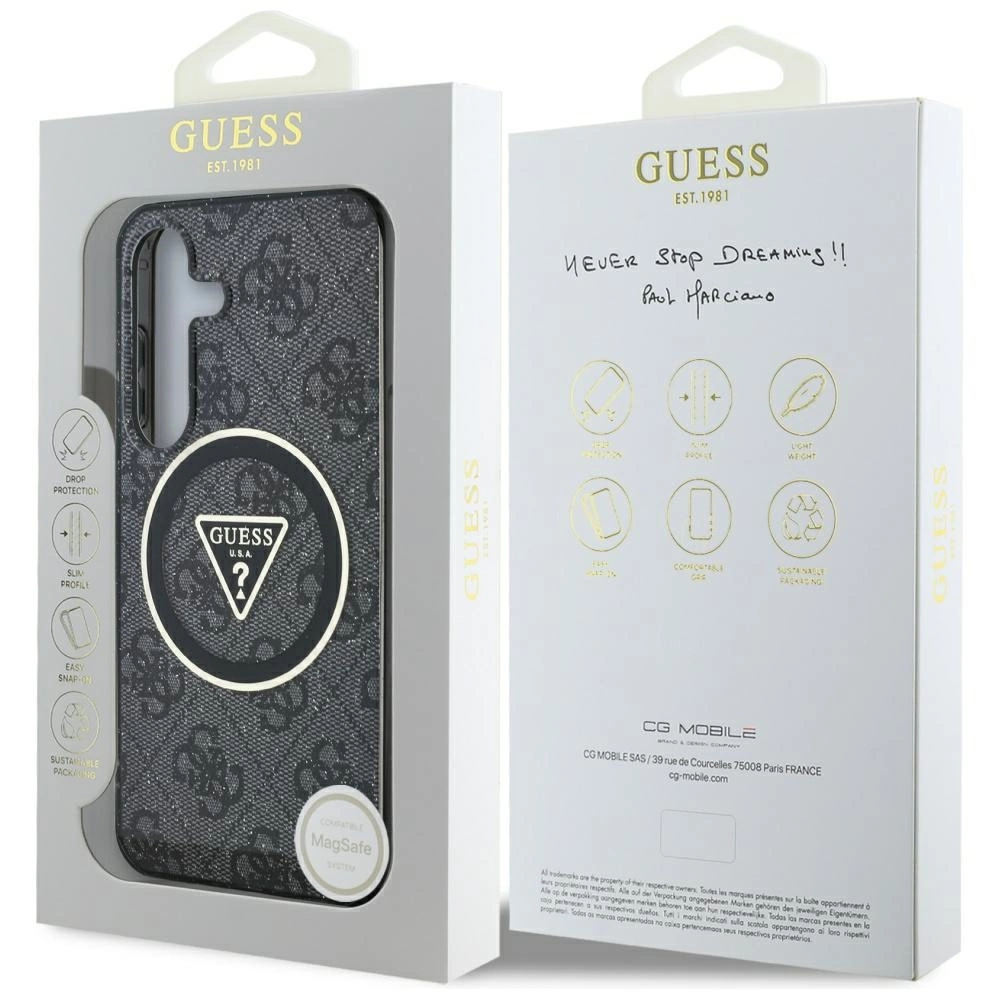 Guess 4G Glitter Triangle Buttons MagSafe Case for Samsung Galaxy S25 Plus Blackeng
