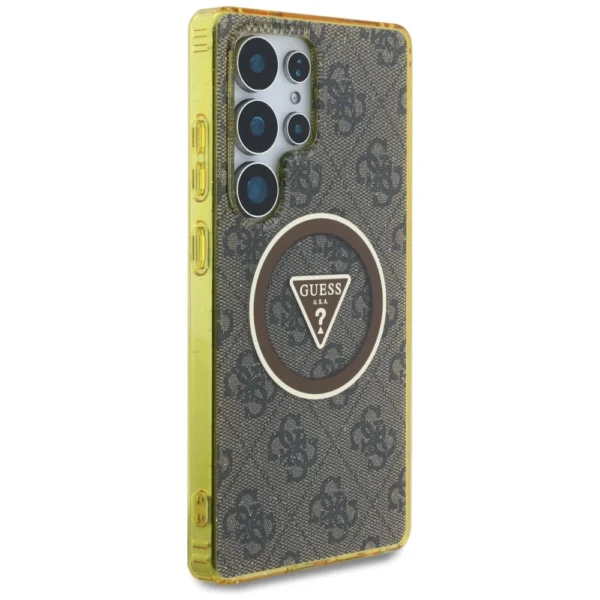 Guess 4G Glitter Triangle Buttons MagSafe Case for Samsung Galaxy S25 Ultra Browneng