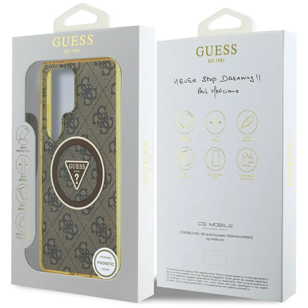 Guess 4G Glitter Triangle Buttons MagSafe Case for Samsung Galaxy S25 Ultra Browneng