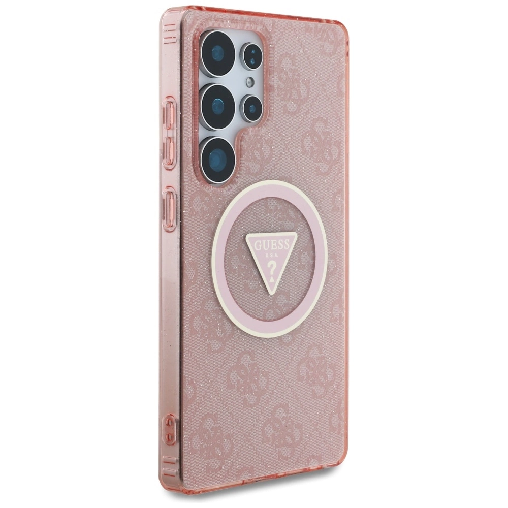 Guess 4G Glitter Triangle Buttons MagSafe Case for Samsung Galaxy S25 Ultra Pinkeng