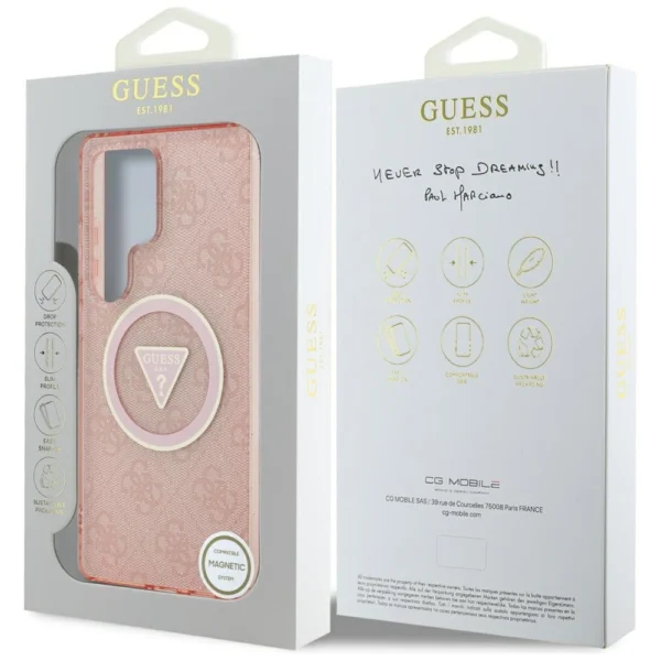 Guess 4G Glitter Triangle Buttons MagSafe Case for Samsung Galaxy S25 Ultra Pinkeng