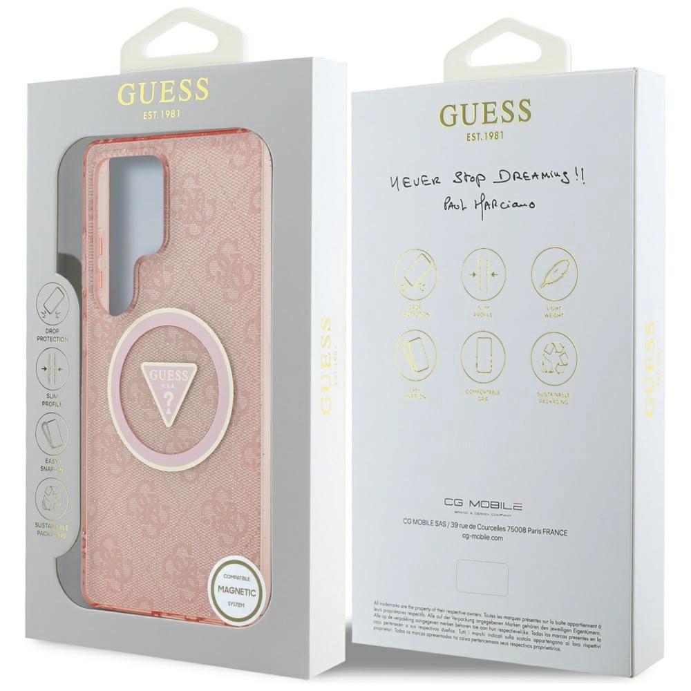 Guess 4G Glitter Triangle Buttons MagSafe Case for Samsung Galaxy S25 Ultra Pinkeng