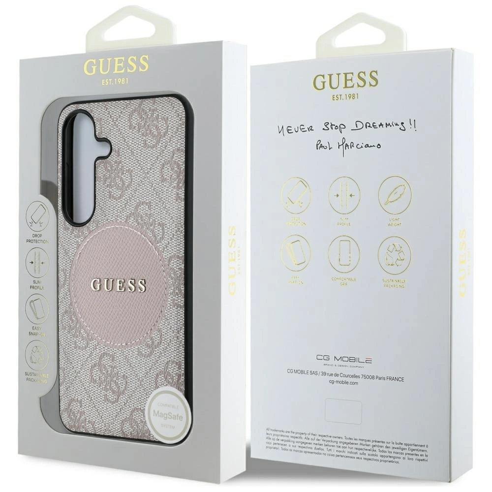 Guess 4G Round Patch Classic Logo MagSafe Case for Samsung Galaxy S25 Plus Pinkeng
