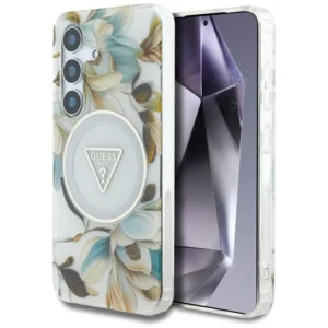 Guess Glitter Flowers Triangle Buttons MagSafe Case for Samsung Galaxy S25 Whiteeng