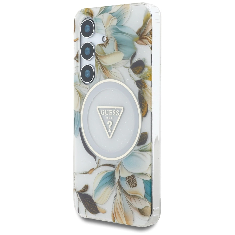 Guess Glitter Flowers Triangle Buttons MagSafe Case for Samsung Galaxy S25 Whiteeng