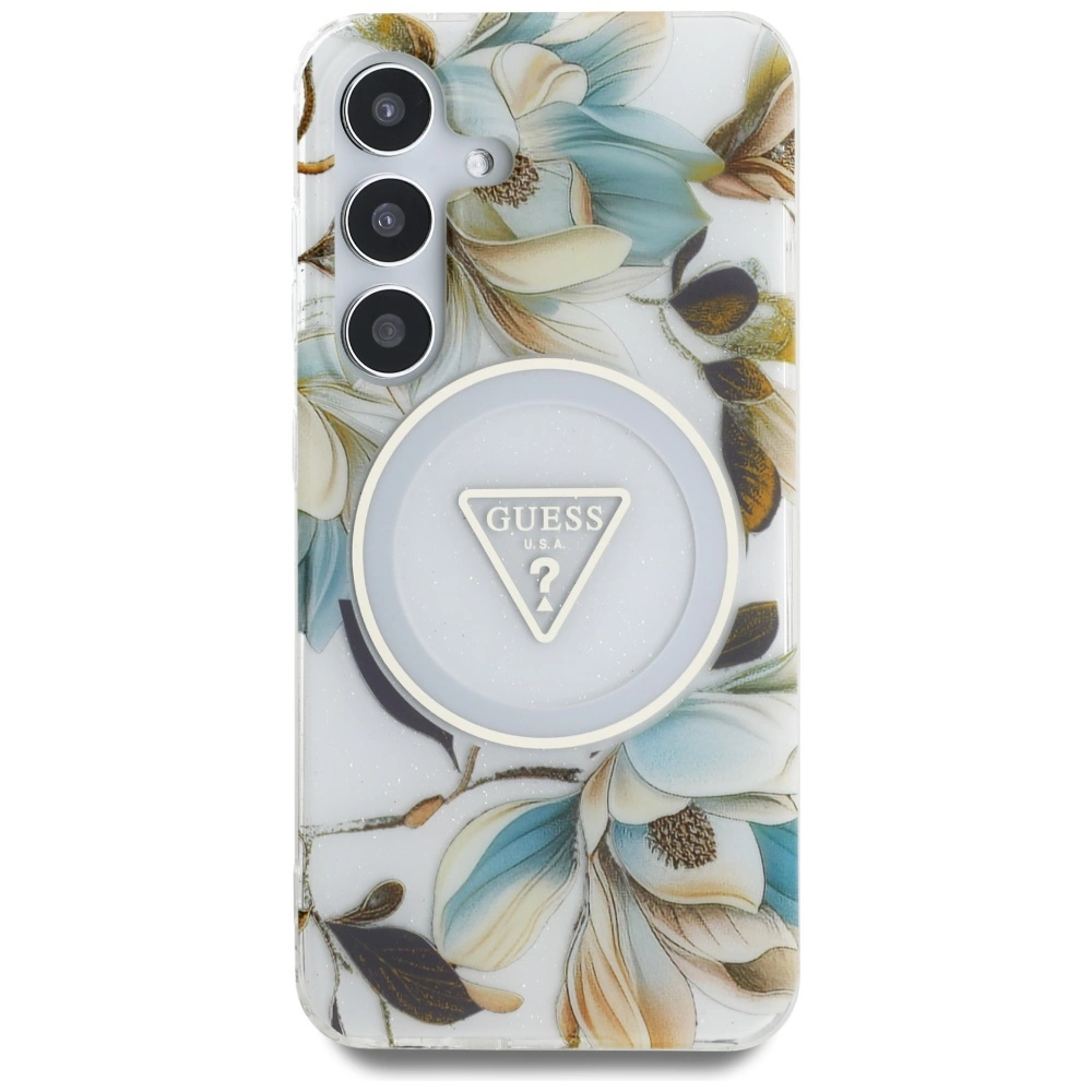 Guess Glitter Flowers Triangle Buttons MagSafe Case for Samsung Galaxy S25 Whiteeng