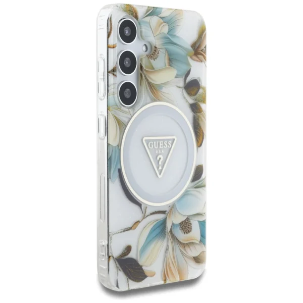 Guess Glitter Flowers Triangle Buttons MagSafe Case for Samsung Galaxy S25 Whiteeng