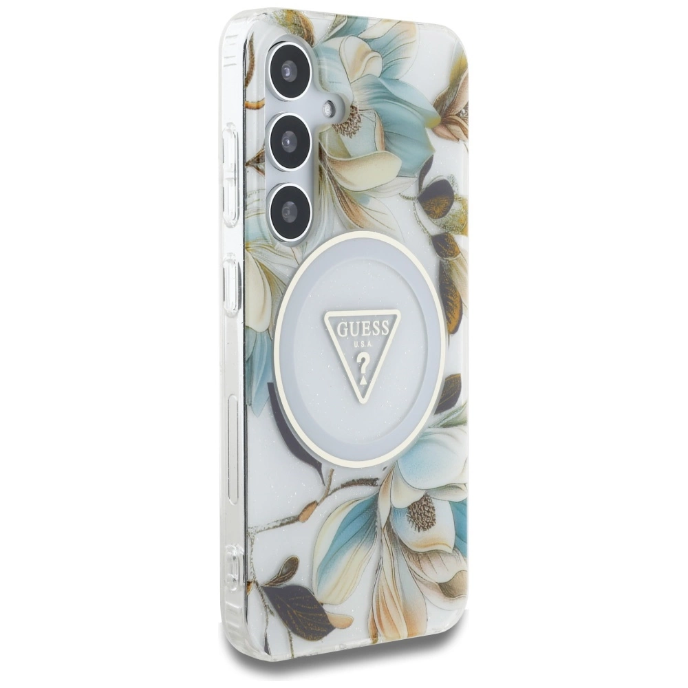 Guess Glitter Flowers Triangle Buttons MagSafe Case for Samsung Galaxy S25 Whiteeng