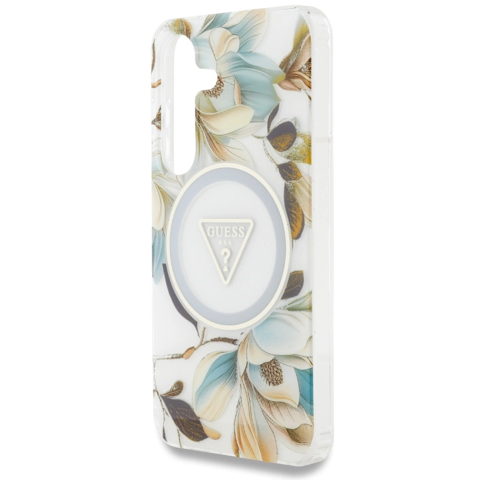 Guess Glitter Flowers Triangle Buttons MagSafe Case for Samsung Galaxy S25 Whiteeng