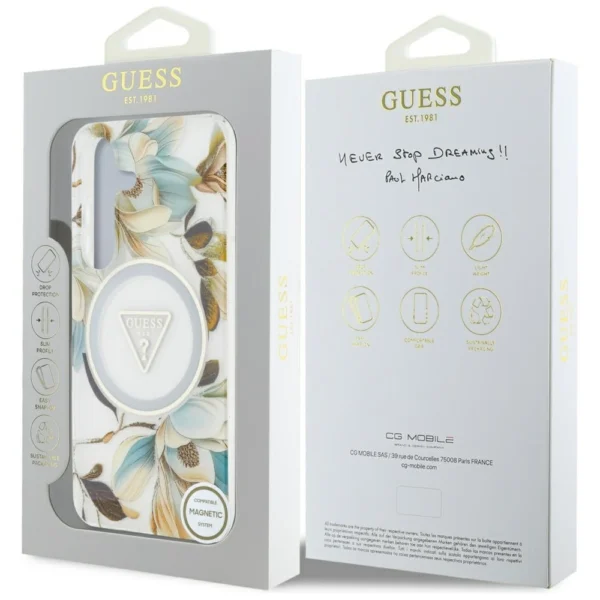 Guess Glitter Flowers Triangle Buttons MagSafe Case for Samsung Galaxy S25 Whiteeng