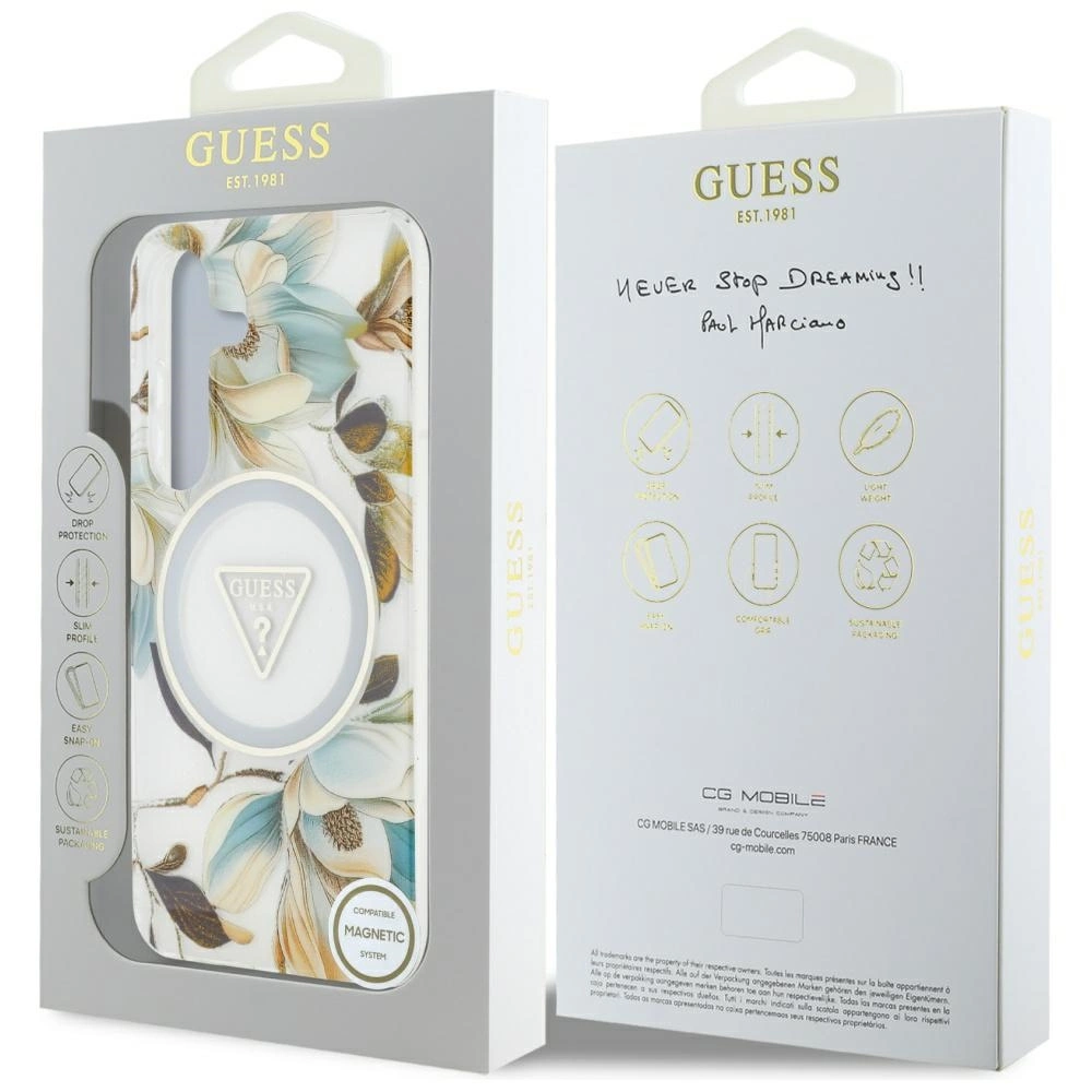 Guess Glitter Flowers Triangle Buttons MagSafe Case for Samsung Galaxy S25 Whiteeng