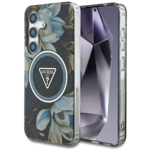 Guess Glitter Flowers Triangle Buttons MagSafe case for Samsung Galaxy S25 blackeng