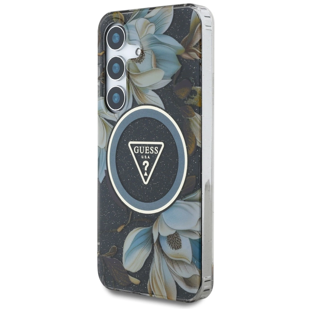 Guess Glitter Flowers Triangle Buttons MagSafe case for Samsung Galaxy S25 blackeng