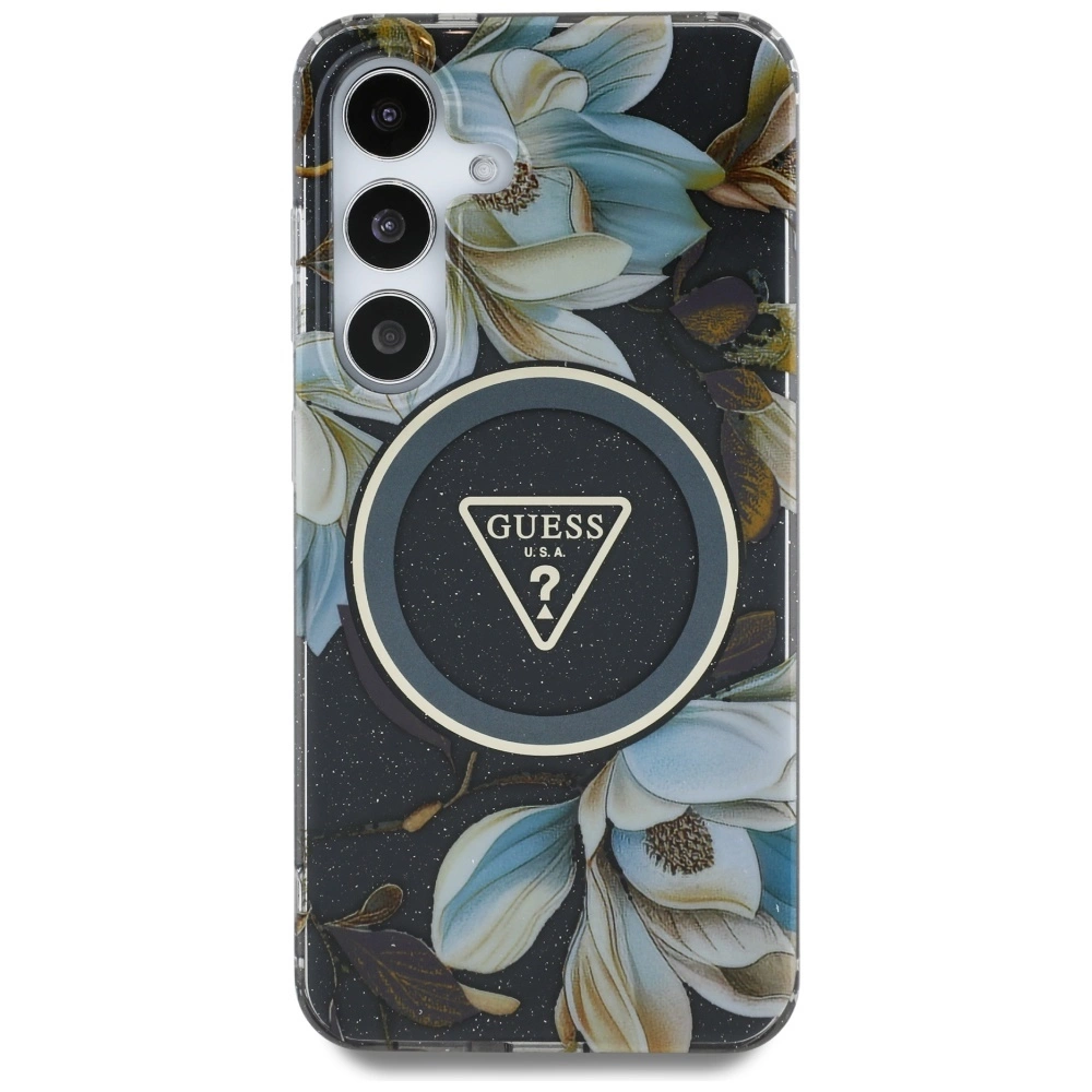 Guess Glitter Flowers Triangle Buttons MagSafe case for Samsung Galaxy S25 blackeng