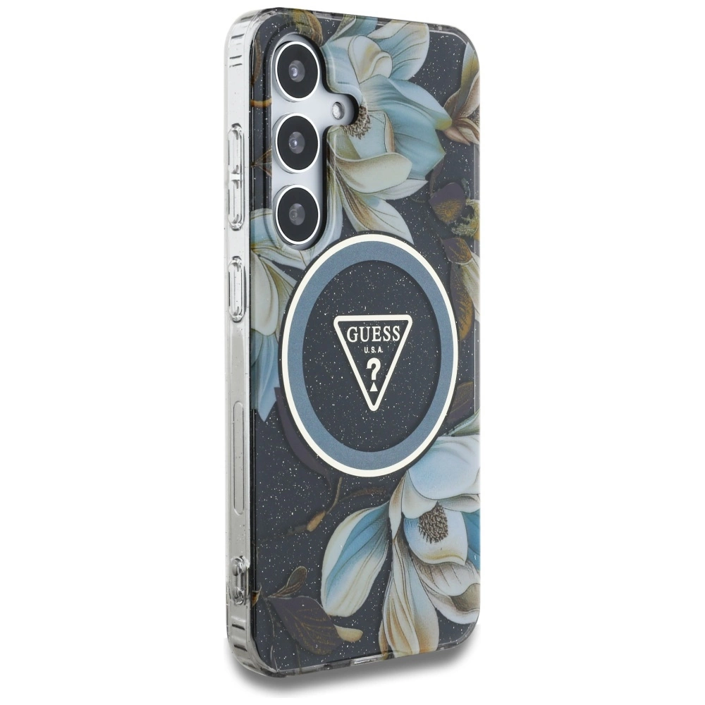 Guess Glitter Flowers Triangle Buttons MagSafe case for Samsung Galaxy S25 blackeng