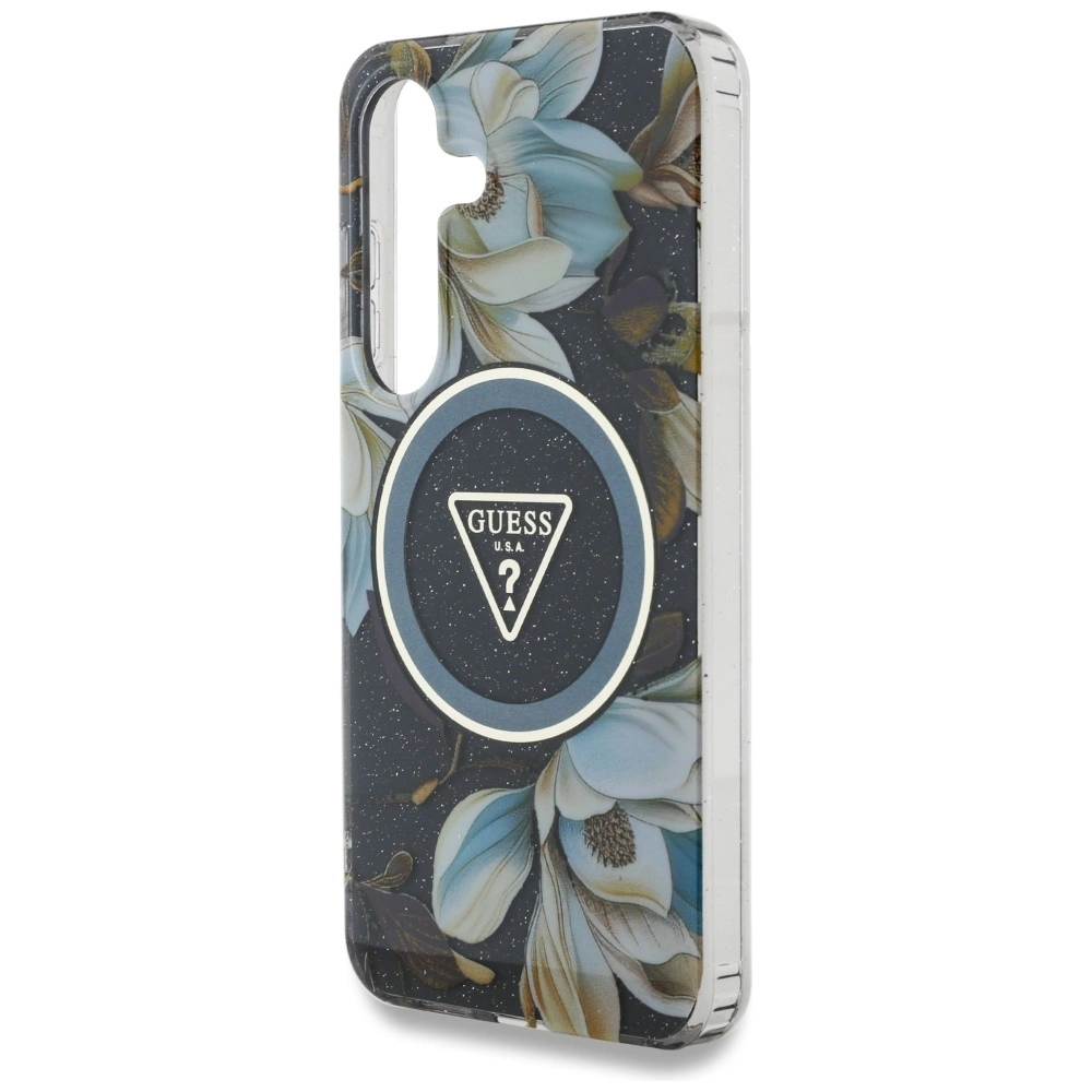 Guess Glitter Flowers Triangle Buttons MagSafe case for Samsung Galaxy S25 blackeng