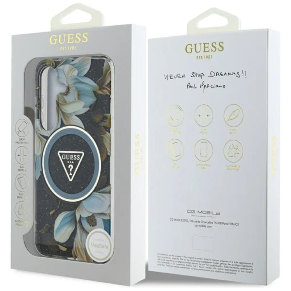 Guess Glitter Flowers Triangle Buttons MagSafe case for Samsung Galaxy S25 blackeng