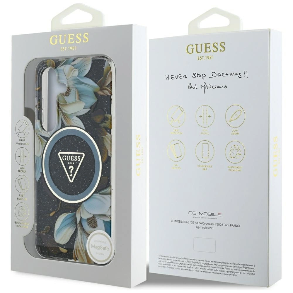 Guess Glitter Flowers Triangle Buttons MagSafe case for Samsung Galaxy S25 blackeng