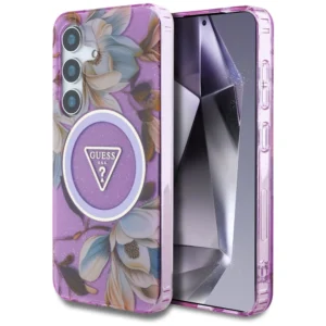 Guess Glitter Flowers Triangle Buttons MagSafe Case for Samsung Galaxy S25 Purpleeng