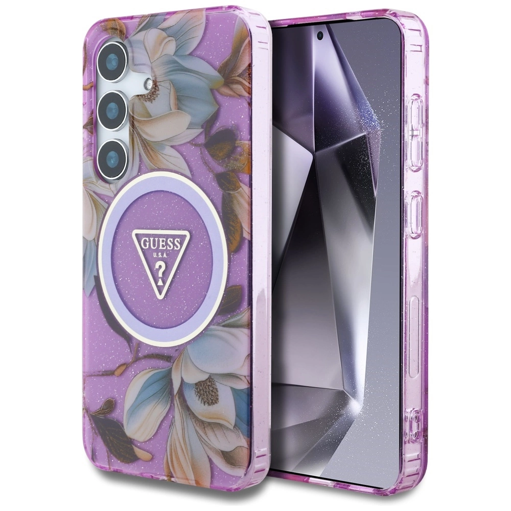 Guess Glitter Flowers Triangle Buttons MagSafe Case for Samsung Galaxy S25 Purpleeng