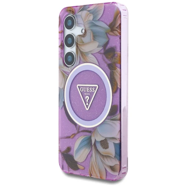 Guess Glitter Flowers Triangle Buttons MagSafe Case for Samsung Galaxy S25 Purpleeng