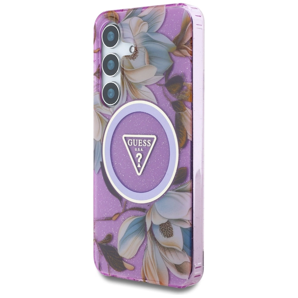 Guess Glitter Flowers Triangle Buttons MagSafe Case for Samsung Galaxy S25 Purpleeng