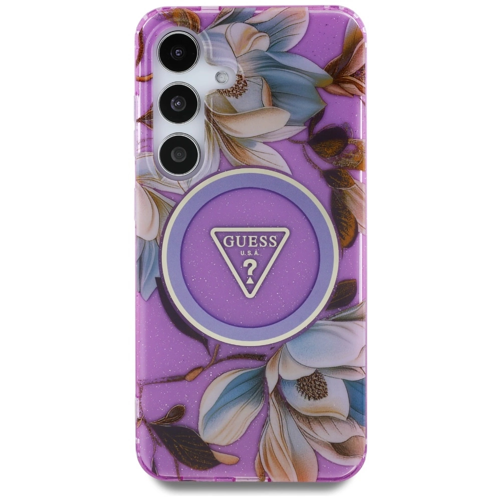 Guess Glitter Flowers Triangle Buttons MagSafe Case for Samsung Galaxy S25 Purpleeng