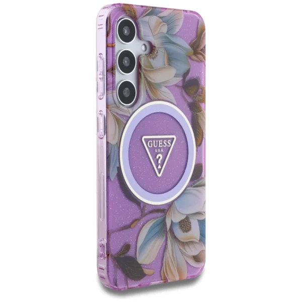Guess Glitter Flowers Triangle Buttons MagSafe Case for Samsung Galaxy S25 Purpleeng