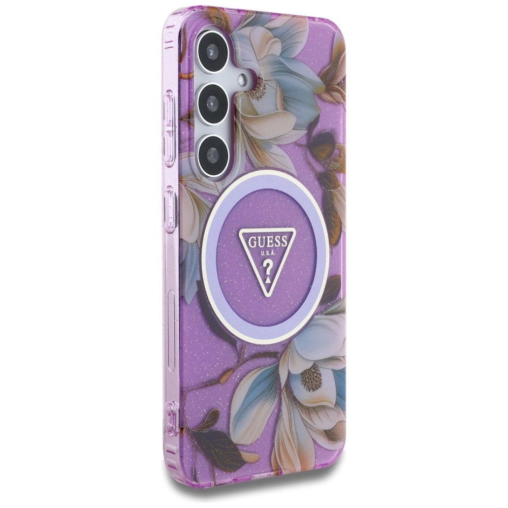 Guess Glitter Flowers Triangle Buttons MagSafe Case for Samsung Galaxy S25 Purpleeng