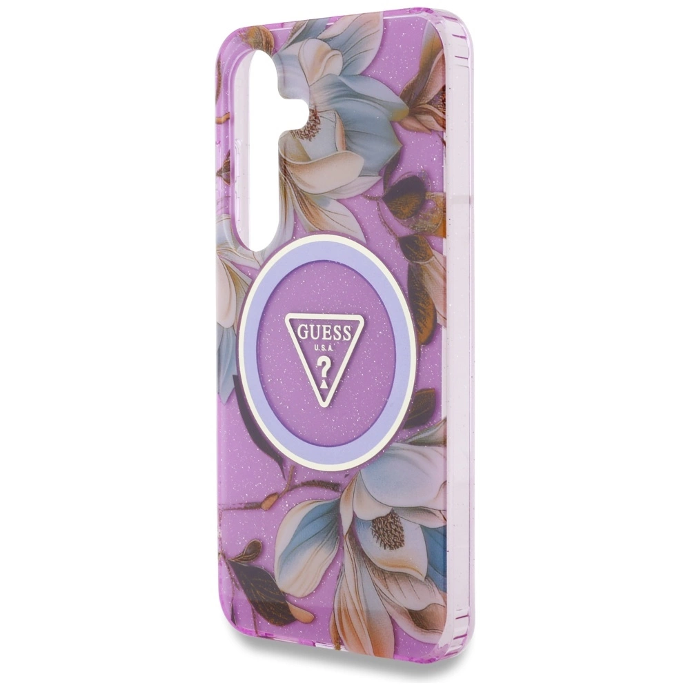 Guess Glitter Flowers Triangle Buttons MagSafe Case for Samsung Galaxy S25 Purpleeng