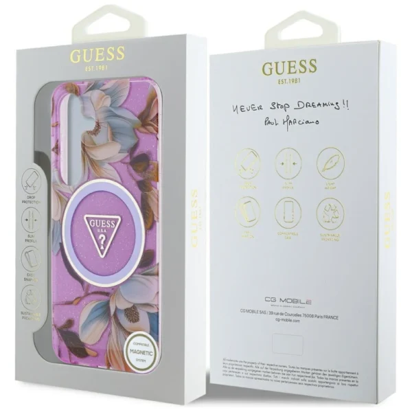 Guess Glitter Flowers Triangle Buttons MagSafe Case for Samsung Galaxy S25 Purpleeng