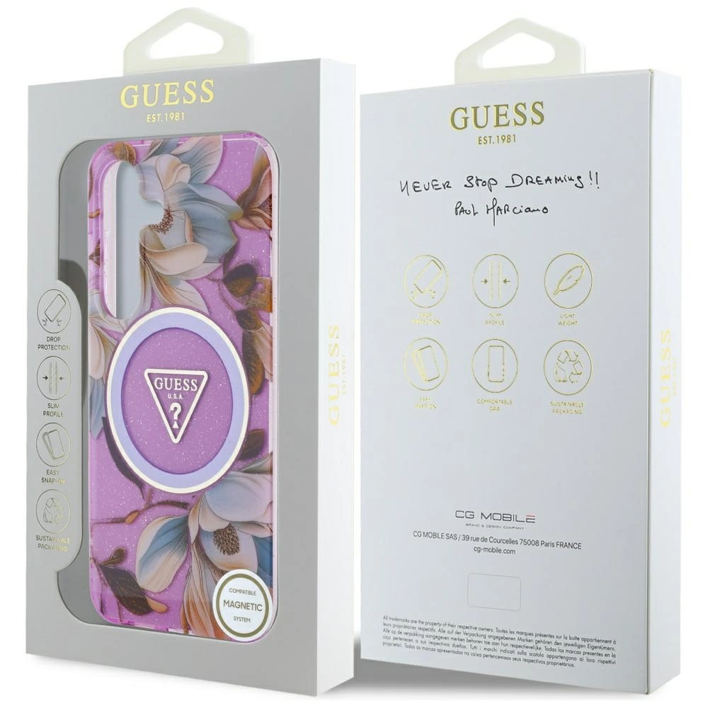 Guess Glitter Flowers Triangle Buttons MagSafe Case for Samsung Galaxy S25 Purpleeng
