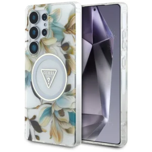 Guess Glitter Flowers Triangle Buttons MagSafe Case for Samsung Galaxy S25 Ultra whiteeng