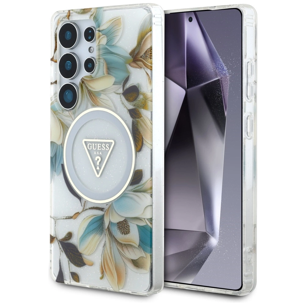 Guess Glitter Flowers Triangle Buttons MagSafe Case for Samsung Galaxy S25 Ultra whiteeng