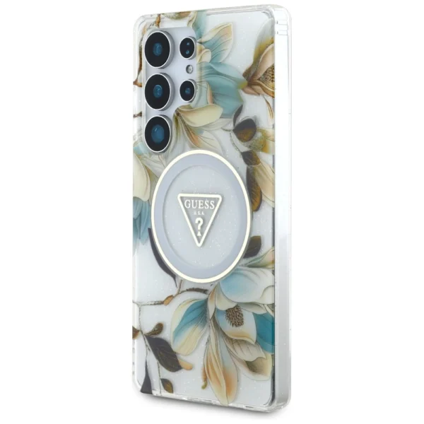 Guess Glitter Flowers Triangle Buttons MagSafe Case for Samsung Galaxy S25 Ultra whiteeng