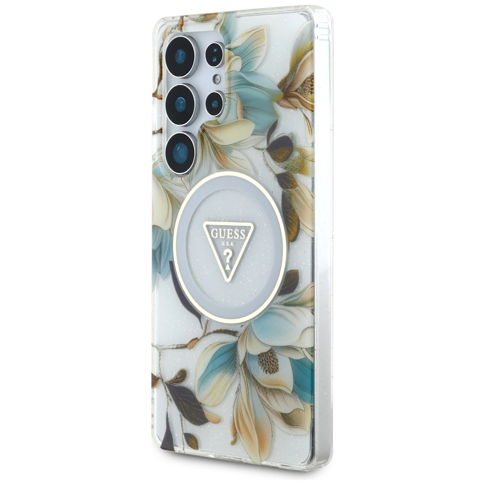 Guess Glitter Flowers Triangle Buttons MagSafe Case for Samsung Galaxy S25 Ultra whiteeng